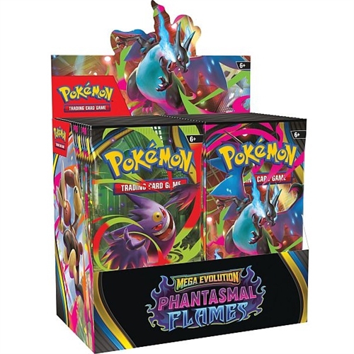 Pokémon TCG: Mega Evolution – Phantasmal Flames Booster Box display med 36 booster packs